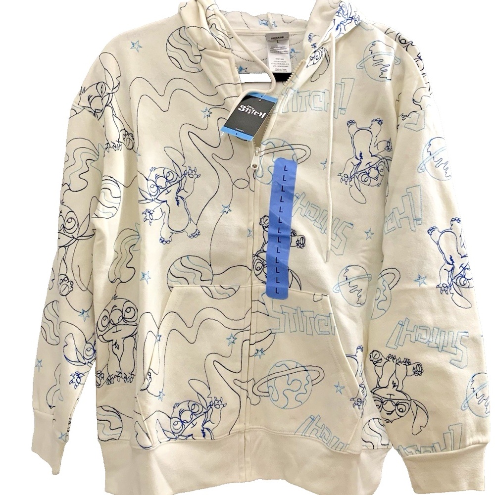 Disney, STITCH Jacket Women Large Cream Embroidered Full Zip Hoodie Pockets NWT